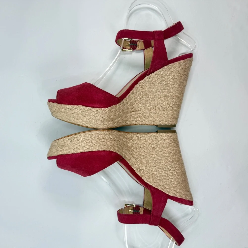 Michael Kors Women 9 Wedge Red Suede Espadrille Platform Sandals Luxury Designer